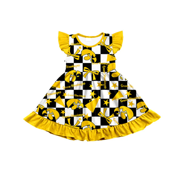 7.8 Custom Moq 3 Baby Girls Flutter Sleeves IOWA Plaid Bows Team Knee Length Dresses