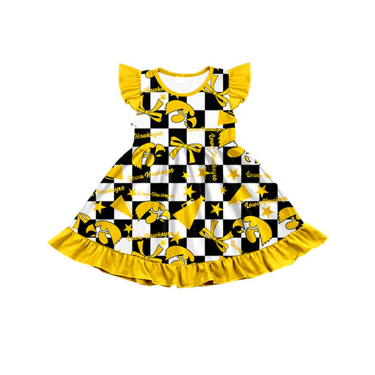 7.8 Custom Moq 3 Baby Girls Flutter Sleeves IOWA Plaid Bows Team Knee Length Dresses