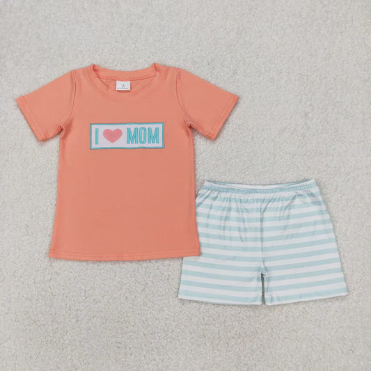 4.4  BSSO1435 Baby Boys Orange Short Sleeves I LOVE MOM Top Aqua Stripe Short Set