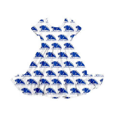 4.30  Custom Baby Girls Short Sleeves Blue Panthers Knee Length Dress(MOQ 3)