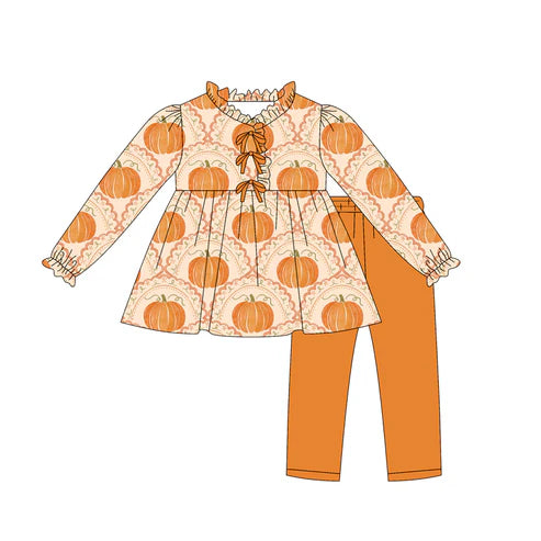 7.26  GLP2617 Baby Girls Long Ruffle Sleeves Pumpkins Plaid Tunic Legging Pants Set Preorder