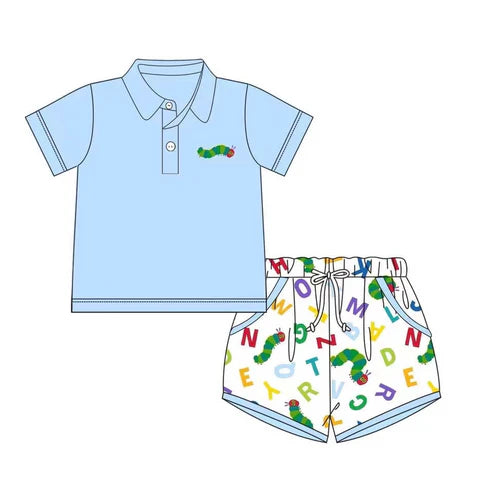 BSSO1396 Baby Boys Blue Worm Pullover Top Shorts Clothes Sets preorder