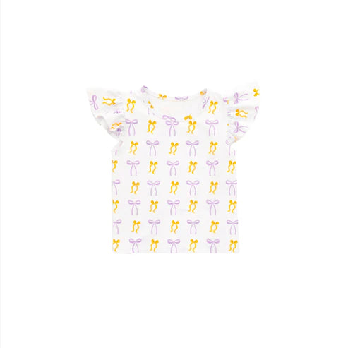 8.6 GT1147 Baby Girls Flutter Sleeves Yellow Purple Bows Plaid Tee Shirts Top Preorder