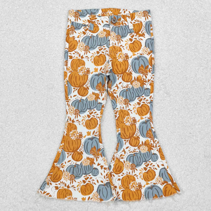 L-3.7  P0487 Baby Girls Fall Pumpkin Flowers Denim Pants Jeans