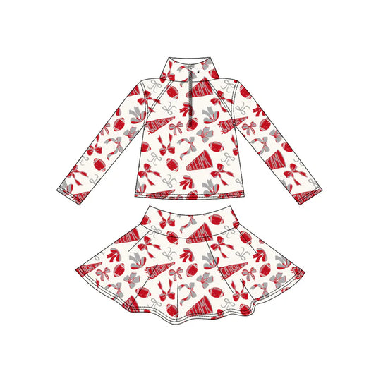 9.3 GLD1286 Baby Girls Red Bows Go Team Yoga Zipper Pullovers Skorts Clothes Set Preorder