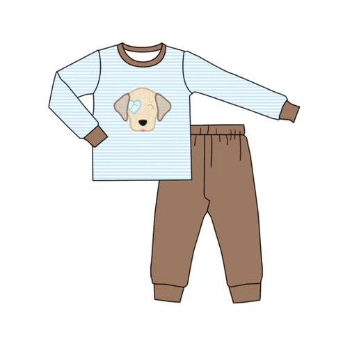 9.18 BLP1283 Baby Boys Blue Stripe Heart Dog Top Legging Pants Valentine Clothes Sets Preorder