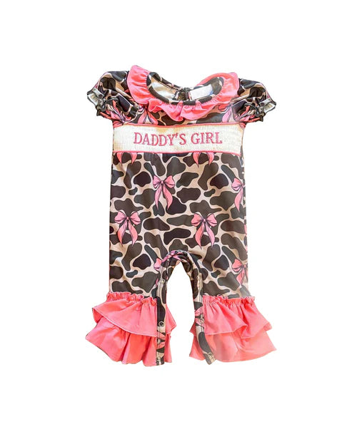 5.23 SR3106 Baby Infant Girls Short Ruffle Sleeves Olive Camo Bows Daddy's Girl Pant Rompers Preorder