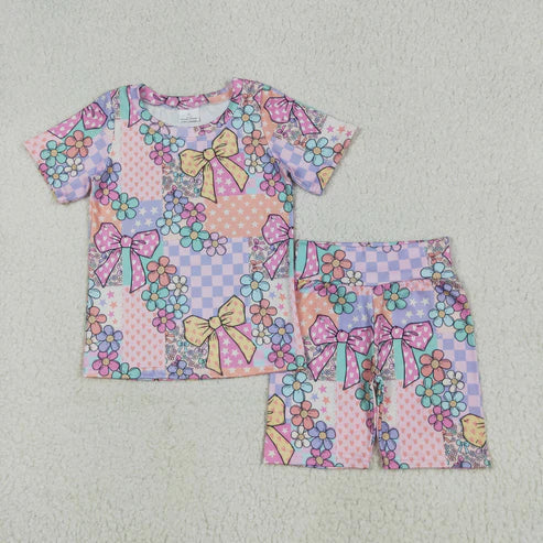 6.9  GSSO2509 Baby Girls Pink Flowers Plaid Top Short Biking Set