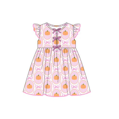 7.29 GSD2767 Baby Girls Pink Plaid Flutter Sleeves Bows Pumpkins Knee Length Dresses Preorder