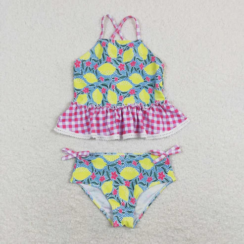 S0219 lemon pink white plaid lace swimsuit suit