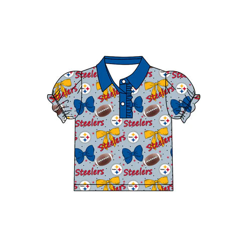 7.31 Custom Moq 5 Baby Girls Steelers Bows Team Short Sleeve Tee Pullovers Polo Shirts Tops