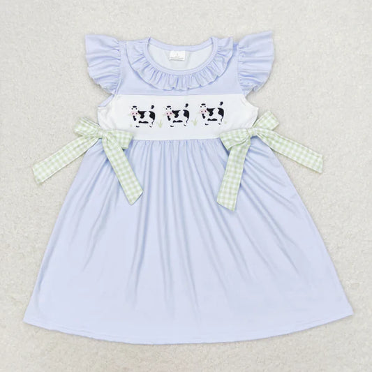 L-3.6 GSD1252 Cow check bow blue flysleeve dress