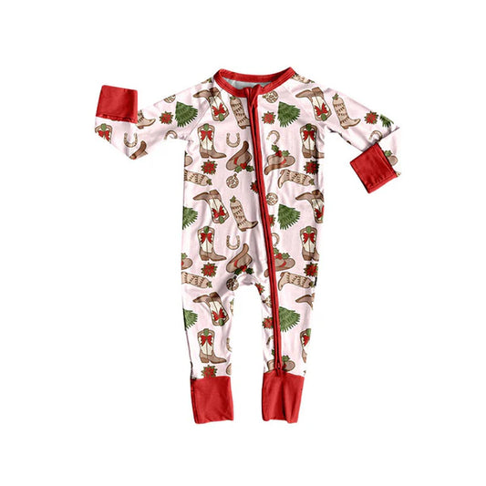 8.26 LR2584 Baby Girls Holly Boots Christmas Zipper Footie Rompers Preorder