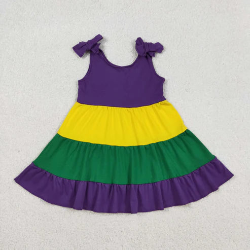 12.19 GSD2888 Baby Girls Bows Strap Mardigras Patchwork Ruffle Knee Length Dress