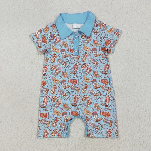 6.23 SR3128 Baby Kids Blue Short Sleeves Boots Hats Button Romper