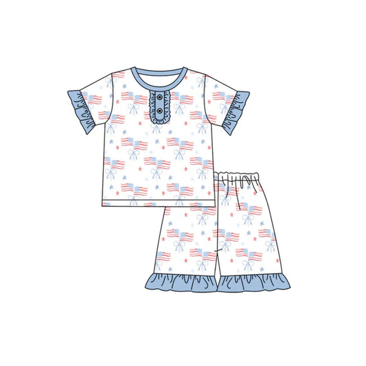 L-3.4 GSSO2113 Baby Girls Flag Bows Ruffle Shirt Shorts Pajamas Clothes Sets Preorder