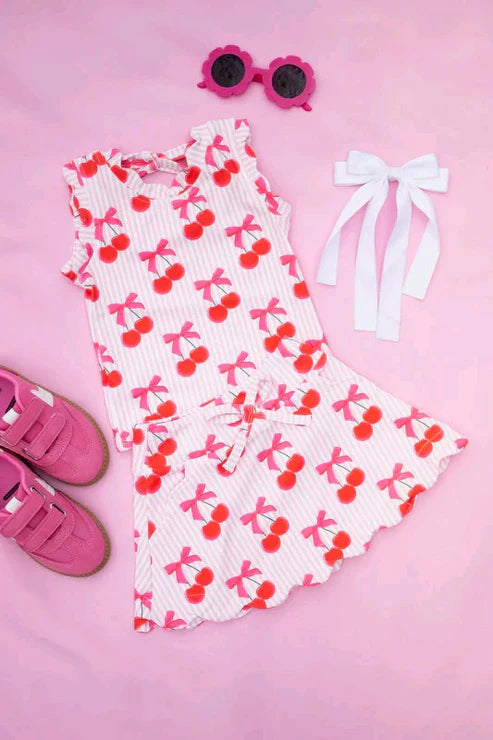 5.19 GSD2582 Baby Girls Sleeveless Pink Stripe Bows Cherry Top Pockets Short Skirts Set Preorder