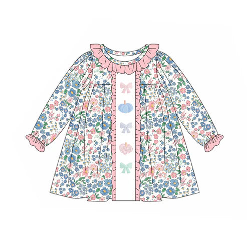 6.6  GLD1090 Baby Girls Long Ruffle Sleeves Floral Bows Pumpkins Knee Length Dresses Preorder