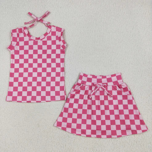 6.23 GSD2584 Baby Girls Sleeveless Pink Plaid Top Pockets Short Skirts Set