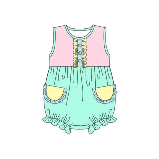 L-3.4 SR2714 Baby Infant Girls Pink Green Pockets Sleeveless Rompers preorder