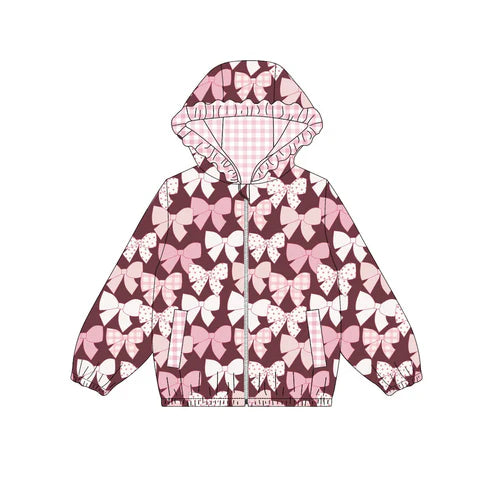 10.10 Custom Moq 5 Baby Girls Pink Bows Pockets Zipper Valentine Ruffle Hoodies Top