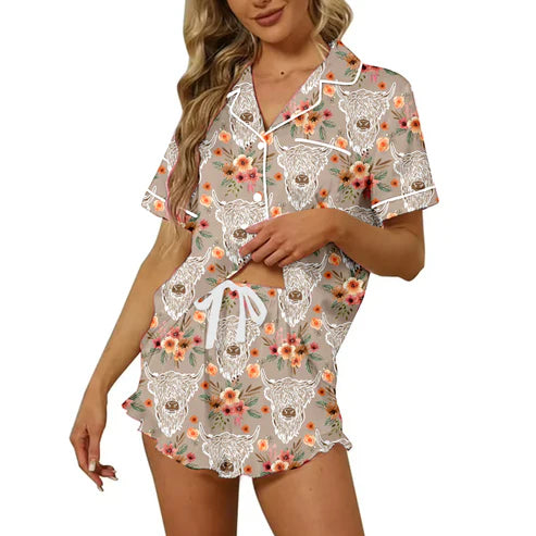 5.16 Preorder Moq 3 Adult Women Western Flowers Cow Button Pocket Top Short Pajamas