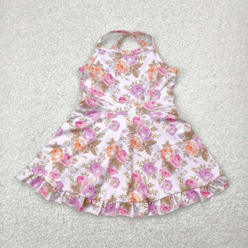 4.29 GSD2280 Baby Girls Peach Strap Floral Yoga Ruffle Knee Length Dress