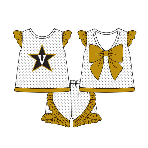 6.21 Custom Moq 3 Baby Girls Flutter Sleeves Polka Dots Star V Top Ruffle Shorts Team Set