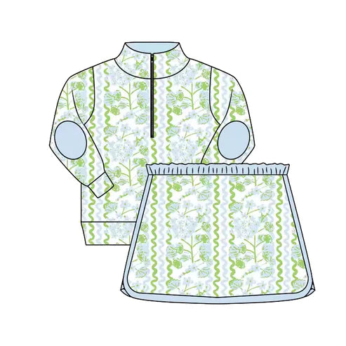 3.22 GLD1017 Baby Girls Long Sleeves Green Floral Zipper Pullover Top Skort Set Preorder
