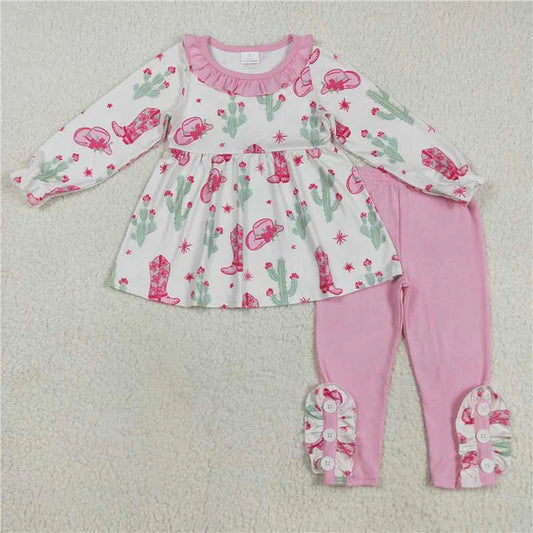 8.15 GLP2367 Baby Girls Long Sleeves Pink Boots Cactus Tunic Legging Pants Set