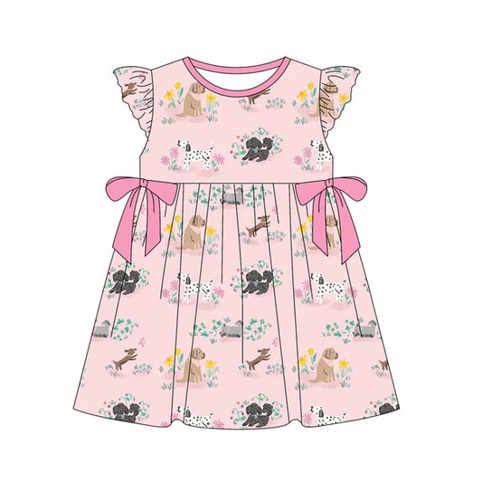 L-3.6 GSD2005 Baby Girls Pink Animal Dogs Bows Knee Length Dresses Preorder