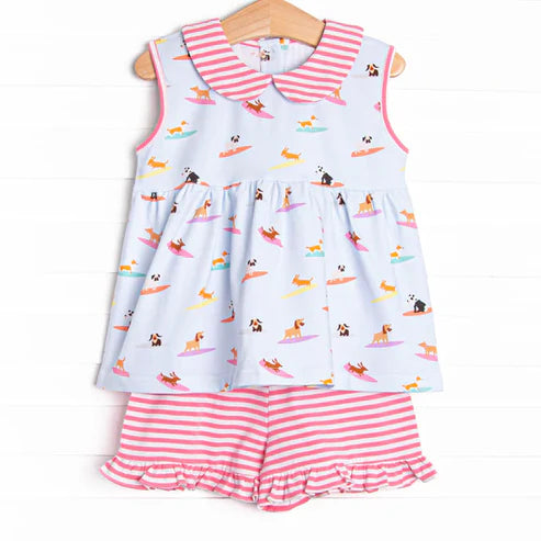 6.20 GSSO2587 Baby Girls Black Sleeveless Dogs Staking Top Pink Stripe Ruffle Short Set Preorder