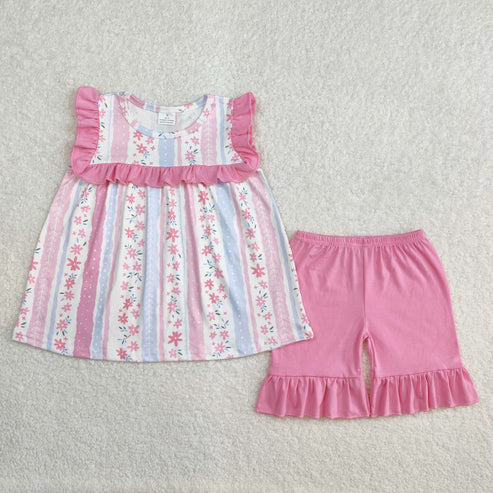 L-3.10 GSSO2012 Baby Girls Pink Flowers Tunic Ruffle Shorts Set