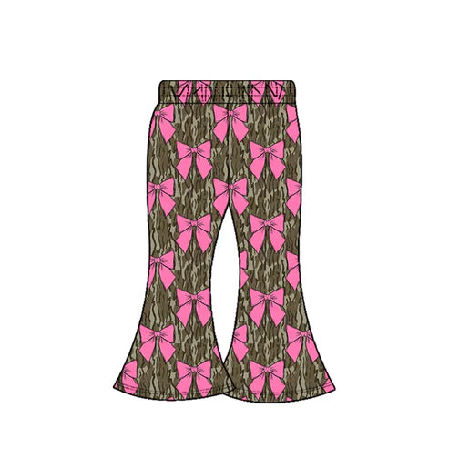10.6  P0896 Baby Girls Olive Camo Pink Bows Plaid Valentine Bell Bottom Pants Preorder