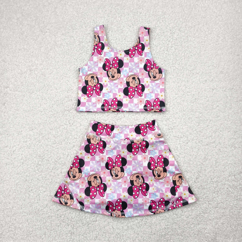 5.3 GSD2460 Baby Girls Sleeveless Pink Plaid Cartoon Mouse Top Skort Yoga Set