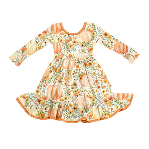 8.7 GLD1248 Baby Girls Pumpkins Floral Fall Ruffle Knee Length Dresses Preorder