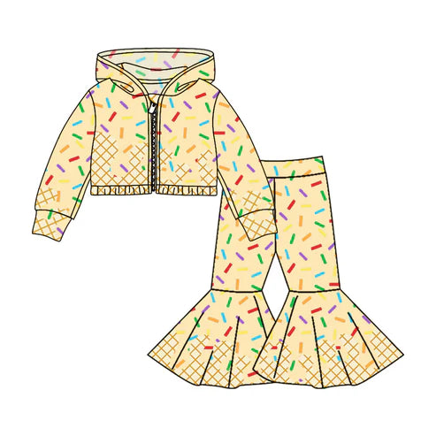 8.11 Custom Moq 5 Baby Girls Yellow Long Sleeves Drip Zipper Jacket Top Bell Bottom Pant Team Clothes Sets