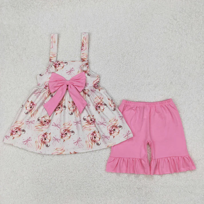 3.26  GSSO2100 Baby Girls Pink Western Horse Bows Tunic Top Ruffle Shorts Clothes Set