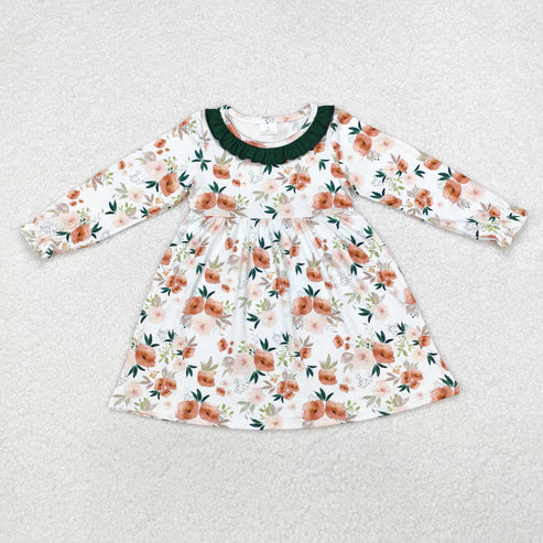 GLD0690 Baby Girls Green Orange Flowers Fall Knee Length Dress