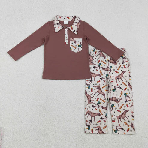 12.3 BLP1229 Baby Boys Brown Button Pocket Top Ducks Dogs Pant Hunting Set