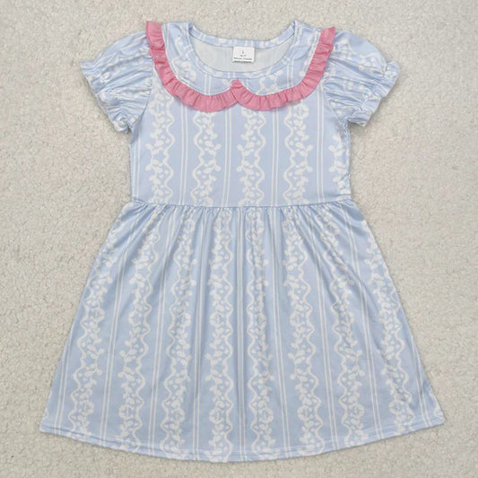 L-3.2 GSD1499 Baby Girls Blue White Ruffle Knee Length Dress