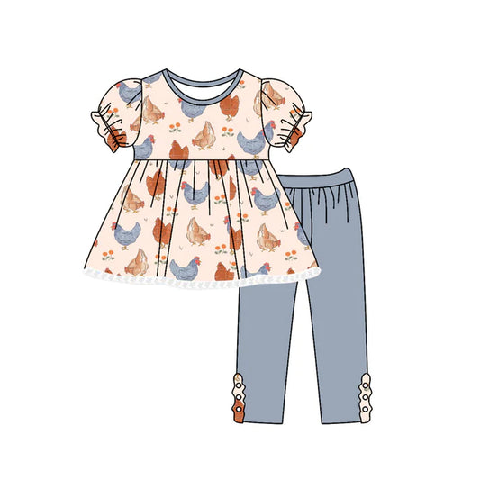 6.18 GSPO2020 Baby Girls Short Ruffle Sleeves Flowers Chicks Tunic Legging Pant Set Preorder