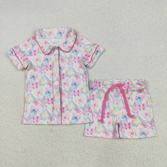 5.27 GSSO2601 Baby Girls Short Sleeves Colorful Butterfly Butter Top Short Pajamas Set