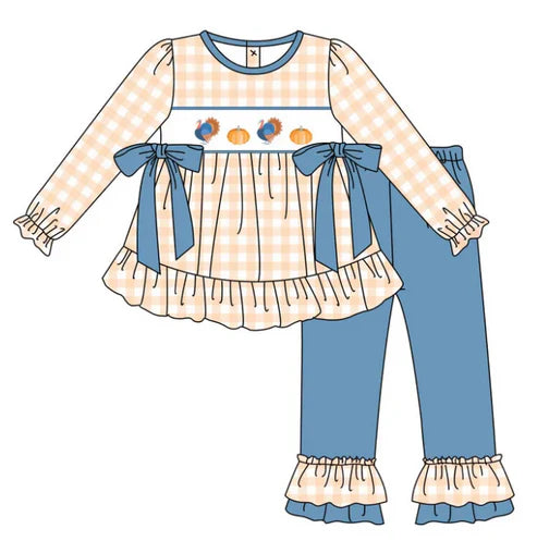 7.30 GLP2594 Baby Girls Long Ruffle Sleeves Turkey Pumpkins Bows Tunic Pant Set Preorder