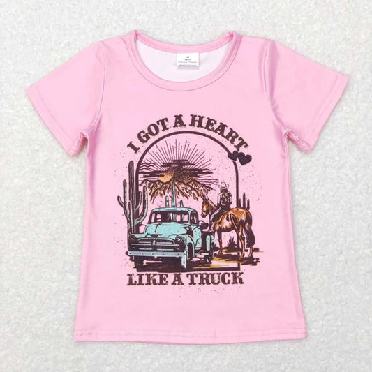 L-3.7  GT0406 I got a heart like a truck riding truck pink short sleeve top