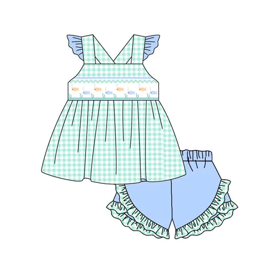 L-3.6 BSSO1323 Baby Boys Green Fishes Top Checkered Shorts Clothes Sets Preorder