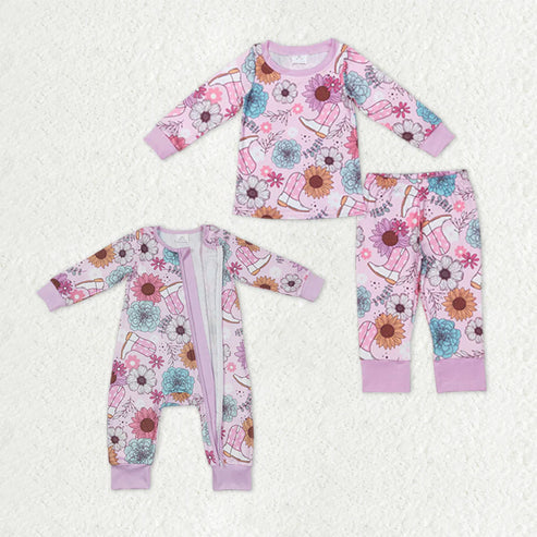 9.20 Sibling Baby Girls Lavender Pink Flowers Boots Top Pants Pajamas Sets Zipper Rompers