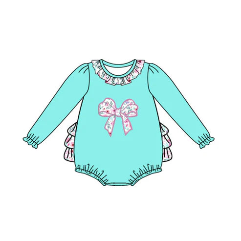 7.30 LR2432 Baby Girls Aqua Long Sleeves Floral Bows Ruffle Rompers Preorder
