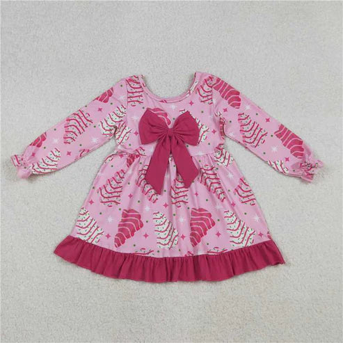 10.7 GLD1276 Baby Girls Pink Christmas Trees Stars Bows Ruffle Knee Length Dress