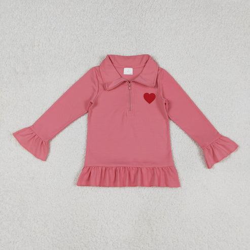11.18  GT1271 Embroidery Baby Girls Pink Long Ruffle Sleeve Hearts Zipper Valentine Pullovers Top